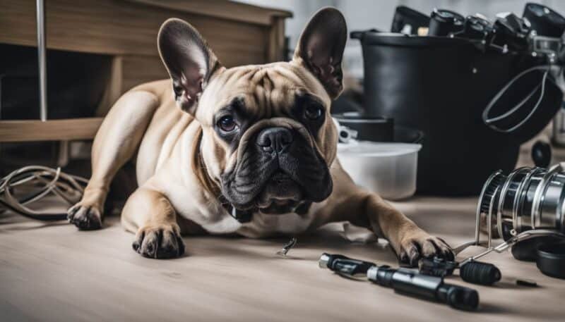A French Bulldog in pain surrounded by veterinary equipment. tail