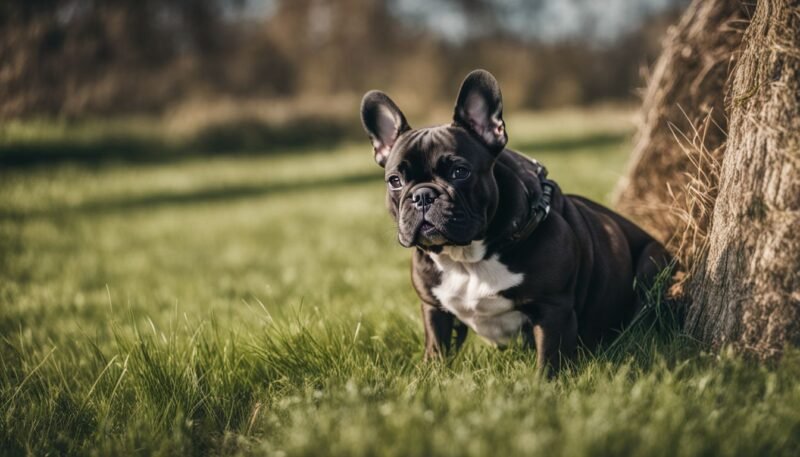 A French Bulldog sitting on a grassy field.