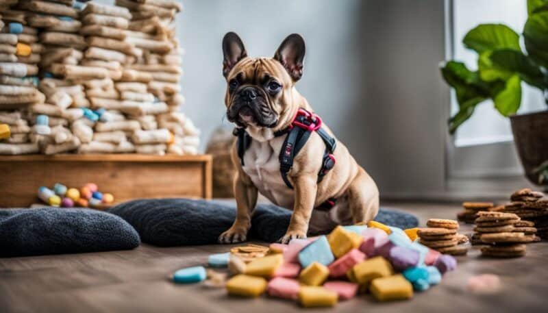 A French Bulldog surrounded by training treats, a leash, and a clicker