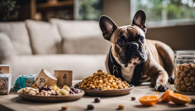 A well-behaved French Bulldog surrounded by a variety of training treats