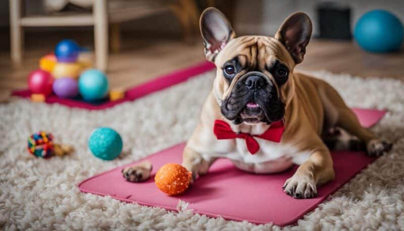 A well-trained French Bulldog on a mat with toys and treats nearby