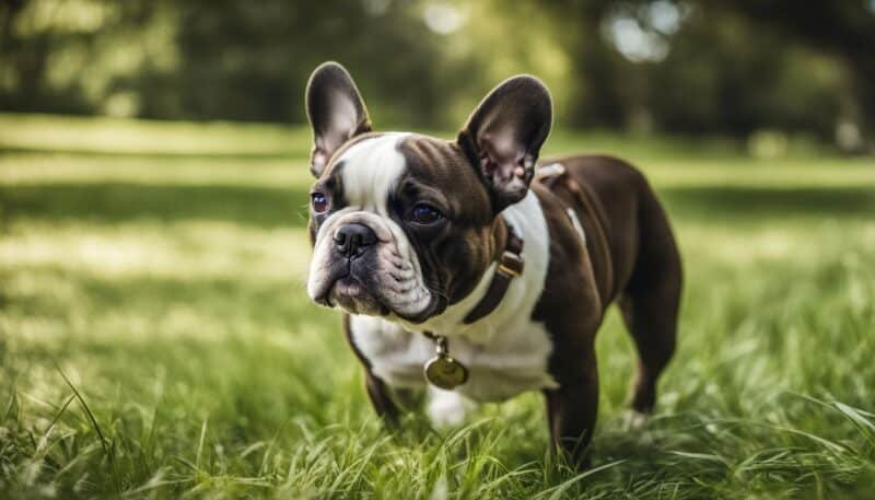 French Bulldog wagging tail happily in a lush green park.